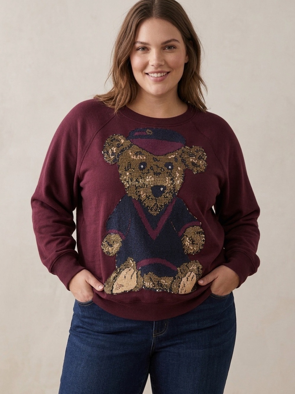 🧸 AERIE Upcycled Tapestry Patch Teddy Bear Sweatshirt 🧸- Size Large